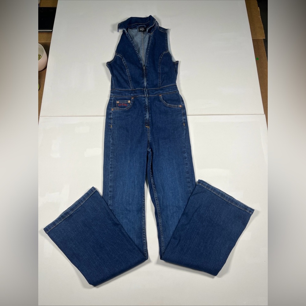 SOLD BDG Urban Outfitters Della Jumpsuit Denim Zip Front Wide Leg Flare Women’s